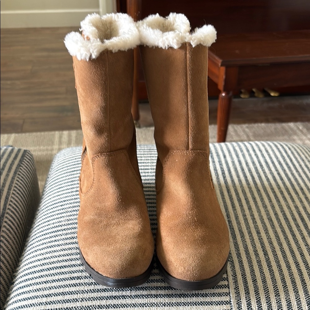 Sorel Emilie Foldover Cozy Tan Suede Boots with White Fur Lining size 3